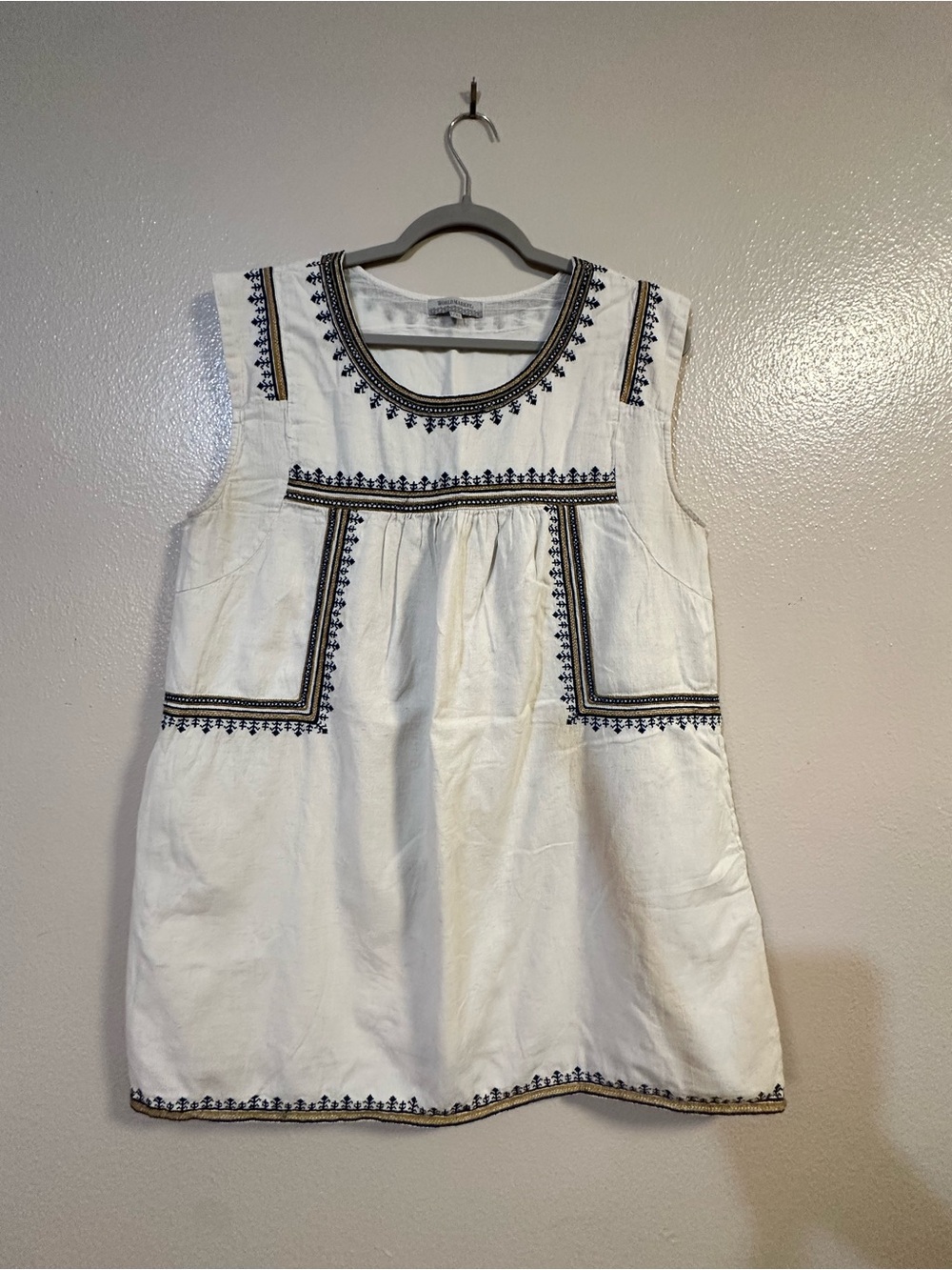 Cost Plus World Market White Dress with Navy Embroidery